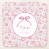 ピンクトイレコケットボウ1stバースデーガール スクエアペーパーコースター (正面)