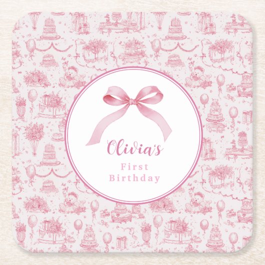 ピンクトイレコケットボウ1stバースデーガール スクエアペーパーコースター (正面)