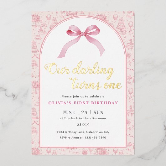 ピンクトイレコケットボウ1stバースデーガール 箔招待状 (正面)