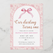 ピンクトイレコケットボウ1stバースデーガール 箔招待状 (正面)
