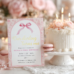 ピンクトイレコケットボウ1stバースデーガール 箔招待状