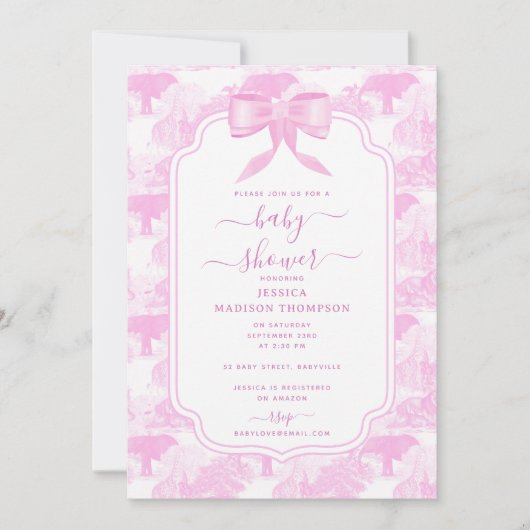 ピンクトイレサファリアニマルズチノイスリーベビーシャワー 招待状 (正面)