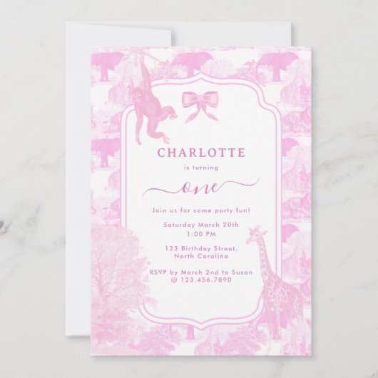 ピンクトイレサファリアニマルズチノイスリー誕生日 招待状 (正面)
