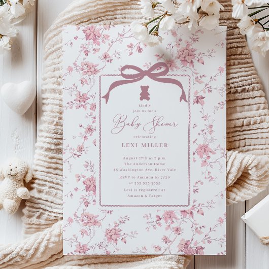 ピンクトイレテディベア赤ちゃんシャワー 招待状