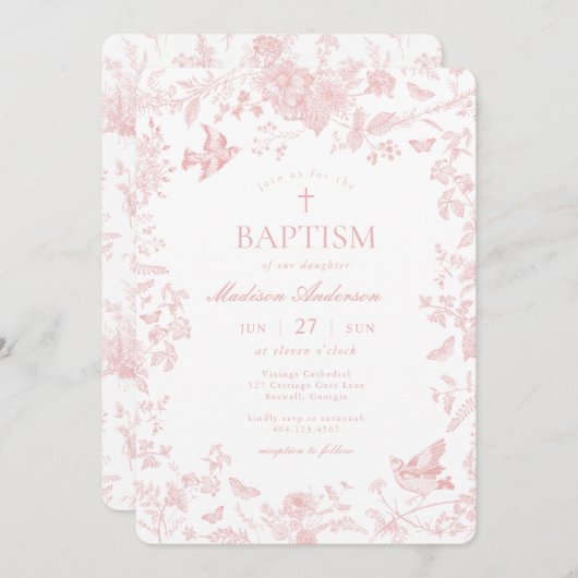 ピンクトイレデジュイフランスのフローラバプテスマ 招待状 (正面/裏面)