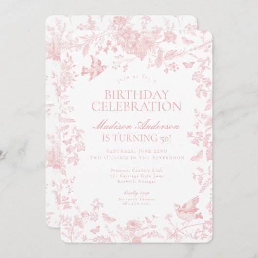 ピンクトイレデジュイフランスのフローラ誕生日パーティー 招待状 (正面/裏面)