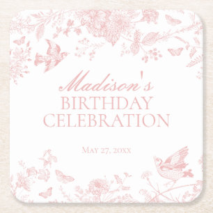 ピンクトイレデジュイヴィンテージフローラ誕生日 スクエアペーパーコースター
