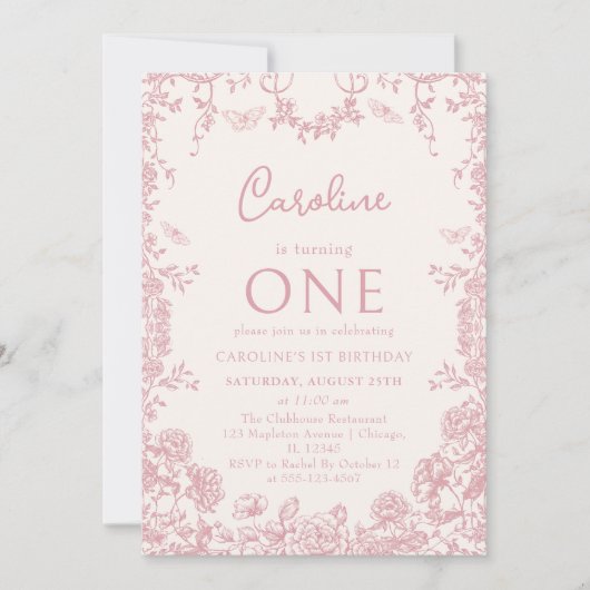 ピンクトイレフローラチノワセリー1st誕生日 招待状 (正面)