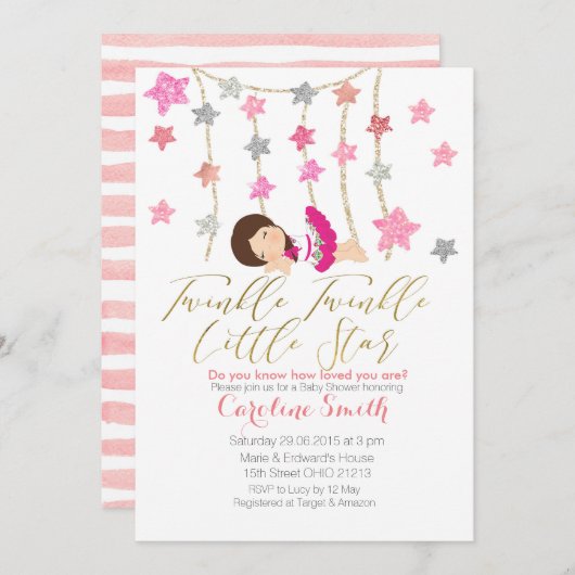 ピンクトゥインクルスターズガールベビーシャワー招待 招待状 (正面/裏面)
