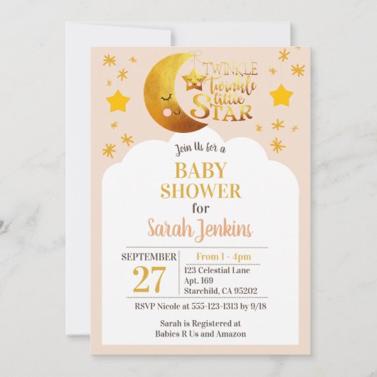 ピンクトゥインクルツインクルスターベビーシャワー招待状 招待状 (正面)