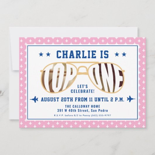 ピンクトップワンファイターパイロットをテーマにした第1誕生日 招待状 (正面)