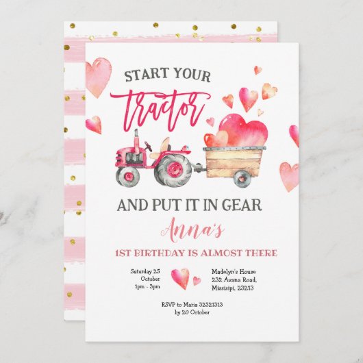 ピンクトラクタガール誕生日招待状 招待状 (正面/裏面)