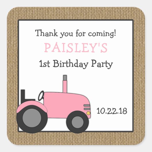 ピンクトラクターの誕生日パーティーの好意ステッカー スクエアシール (正面)