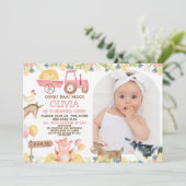 ピンクトラクターアーチファーム動物1st誕生日 招待状 (スタンド正面)