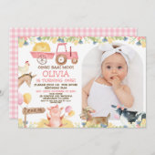 ピンクトラクターアーチファーム動物1st誕生日 招待状 (正面/裏面)