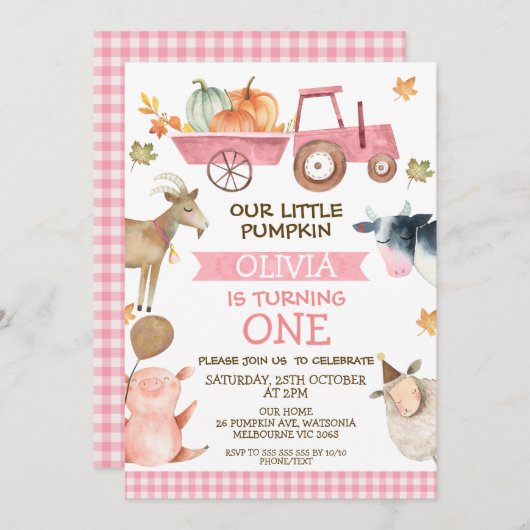 ピンクトラクターカボチャと農業動物1歳の誕生日 招待状 (正面/裏面)