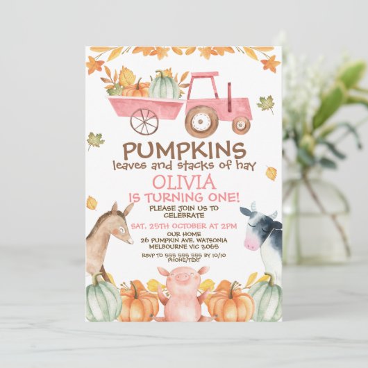 ピンクトラクターカボンプキンスファーム動物1st誕生日 招待状 (スタンド正面)