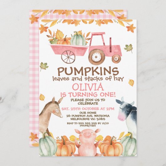ピンクトラクターカボンプキンスファーム動物1st誕生日 招待状 (正面/裏面)