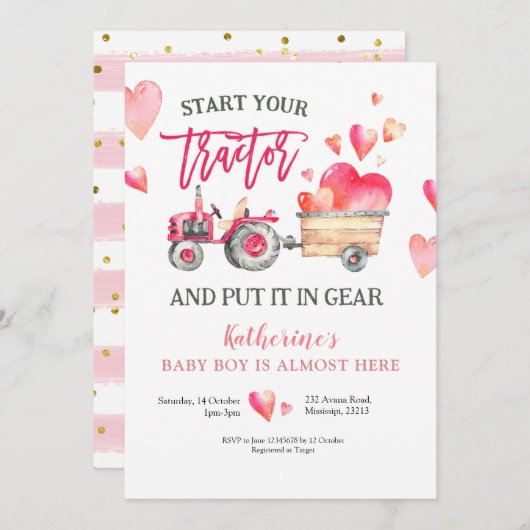 ピンクトラクターガールベビーシャワー招待状 招待状 (正面/裏面)