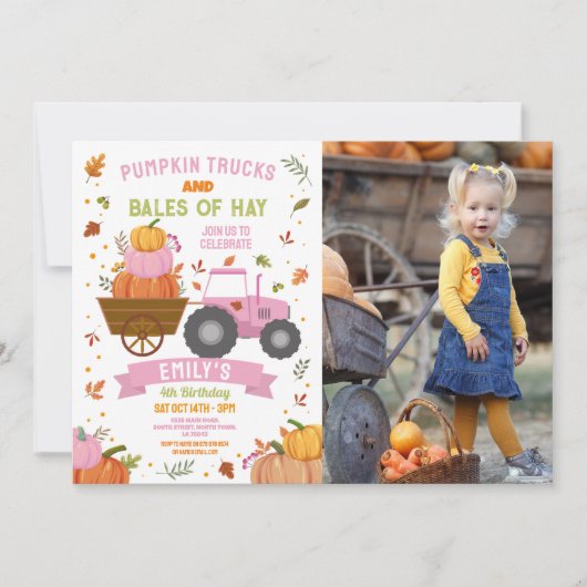 ピンクトラクターズカボチャ誕生日ハーベストパーティー写真 招待状 (正面)