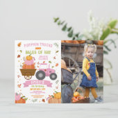 ピンクトラクターズカボチャ誕生日ハーベストパーティー写真 招待状 (スタンド正面)