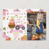 ピンクトラクターズカボチャ誕生日ハーベストパーティー写真 招待状 (正面/裏面)
