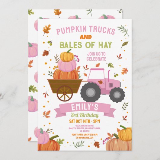ピンクトラクターズパンプキン誕生日ハーベストパーティー 招待状 (正面/裏面)