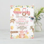 ピンクトラクターバルーンファーム動物1st誕生日 招待状 (スタンド正面)