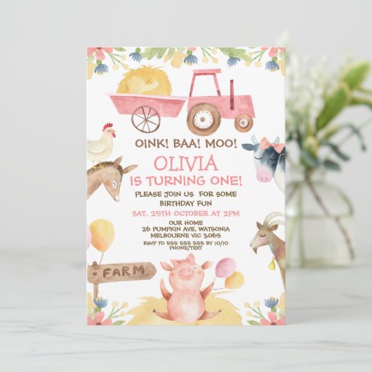 ピンクトラクターバルーンファーム動物1st誕生日 招待状 (スタンド正面)
