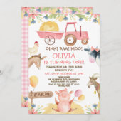 ピンクトラクターバルーンファーム動物1st誕生日 招待状 (正面/裏面)