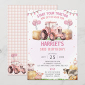 ピンクトラクターバースデーパーティードイビションファームテーマ 招待状 (正面/裏面)