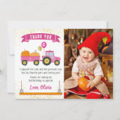 ピンクトラクターパンプキンオータム誕生日写真 サンキューカード (正面)