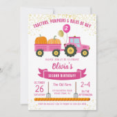 ピンクトラクターパンプキンガールズオータム誕生日 招待状 (正面)