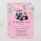 ピンクトラクターフラッグガール1st誕生日パーティー 招待状 (正面/裏面)
