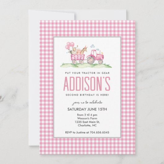 ピンクトラクター誕生日ガールファーム招待状 招待状 (正面)