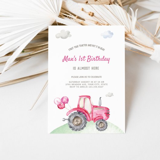 ピンクトラクタ誕生日招待状 招待状