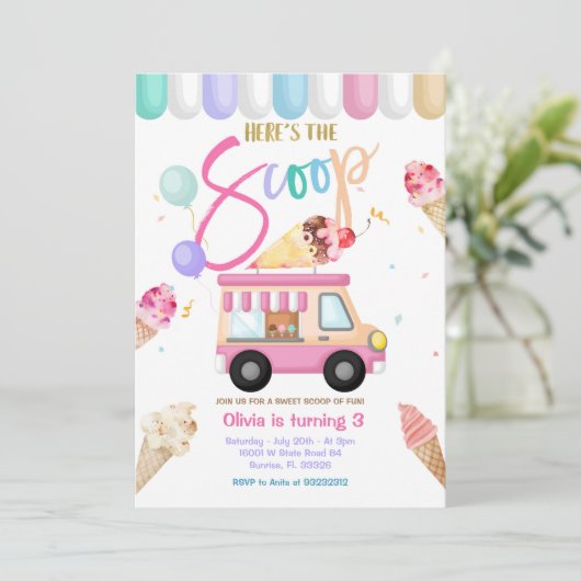 ピンクトラックアイスクリーム誕生日招待状 招待状 (スタンド正面)