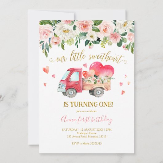 ピンクトラックアーリトルスイートアートファースト誕生日 招待状 (正面)