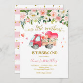 ピンクトラックアーリトルスイートアートファースト誕生日 招待状 (正面/裏面)