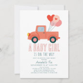 ピンクトラックバルーン女の子の赤ちゃんシャワー 招待状 (正面)