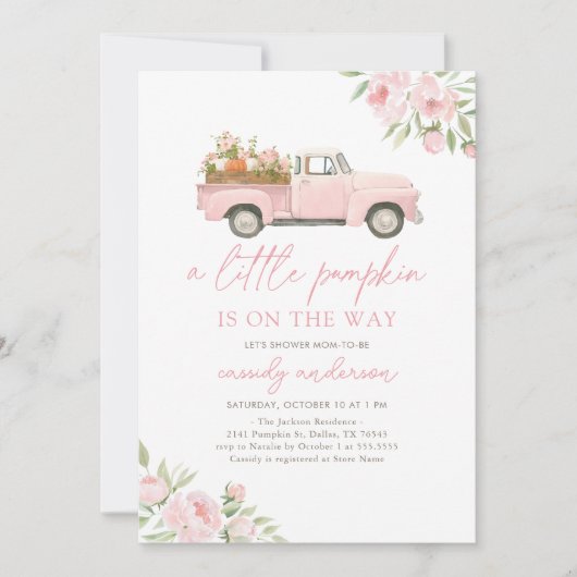 ピンクトラックリトルカボチャ女の子の赤ちゃんシャワー 招待状 (正面)