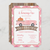 ピンクトラックリトルパンプキンガールファースト誕生日 招待状 (正面/裏面)