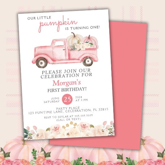 ピンクトラックリトルパンプキン誕生日パーティー 招待状