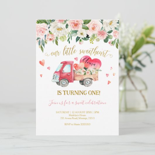 ピンクトラック私たちのリトルスウィートファースト誕生日 招待状 (スタンド正面)