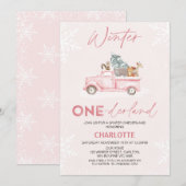 ピンクトラック ウッドランド ウィンター オンデアーランド 1歳誕生日 招待状 (正面/裏面)