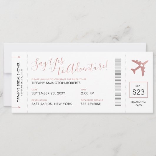 ピンクトラベルテーマブライダルシャワー搭乗券 招待状 (正面)