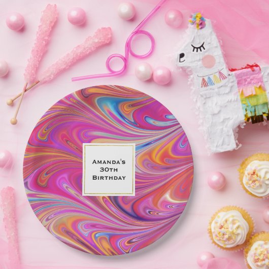 ピンクトリップ（幻覚体験）のようなとオレンジの渦巻形のデザイン誕生日 ペーパープレート (パーティー)