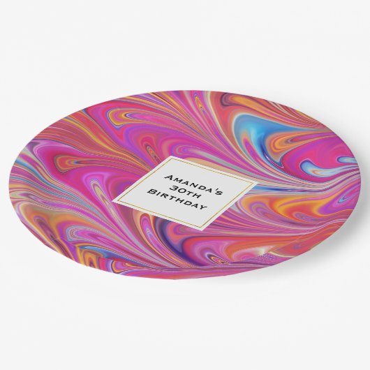 ピンクトリップ（幻覚体験）のようなとオレンジの渦巻形のデザイン誕生日 ペーパープレート (アングル)