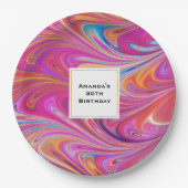 ピンクトリップ（幻覚体験）のようなとオレンジの渦巻形のデザイン誕生日 ペーパープレート (正面)