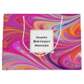 ピンクトリップ（幻覚体験）のようなとオレンジの渦巻形のデザイン誕生日 ラージペーパーバッグ (正面)